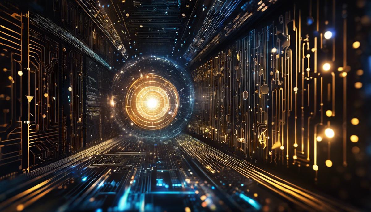 Abstract image representing the concept of quantum-safe cryptography, showcasing the fusion of traditional and quantum computing elements with encryption symbols.
