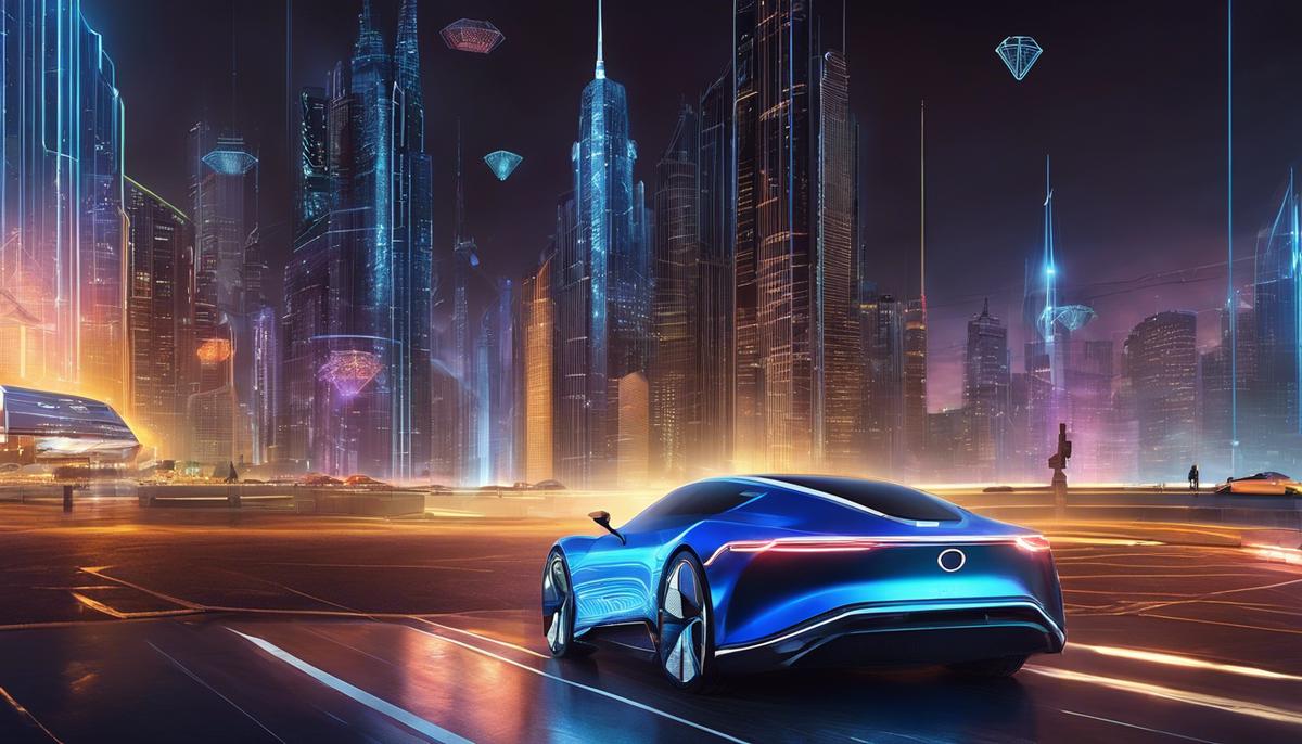 Illustration of a quantum-safe cryptography in autonomous vehicles, depicting secure data transmission and communication between vehicles in a futuristic cityscape environment